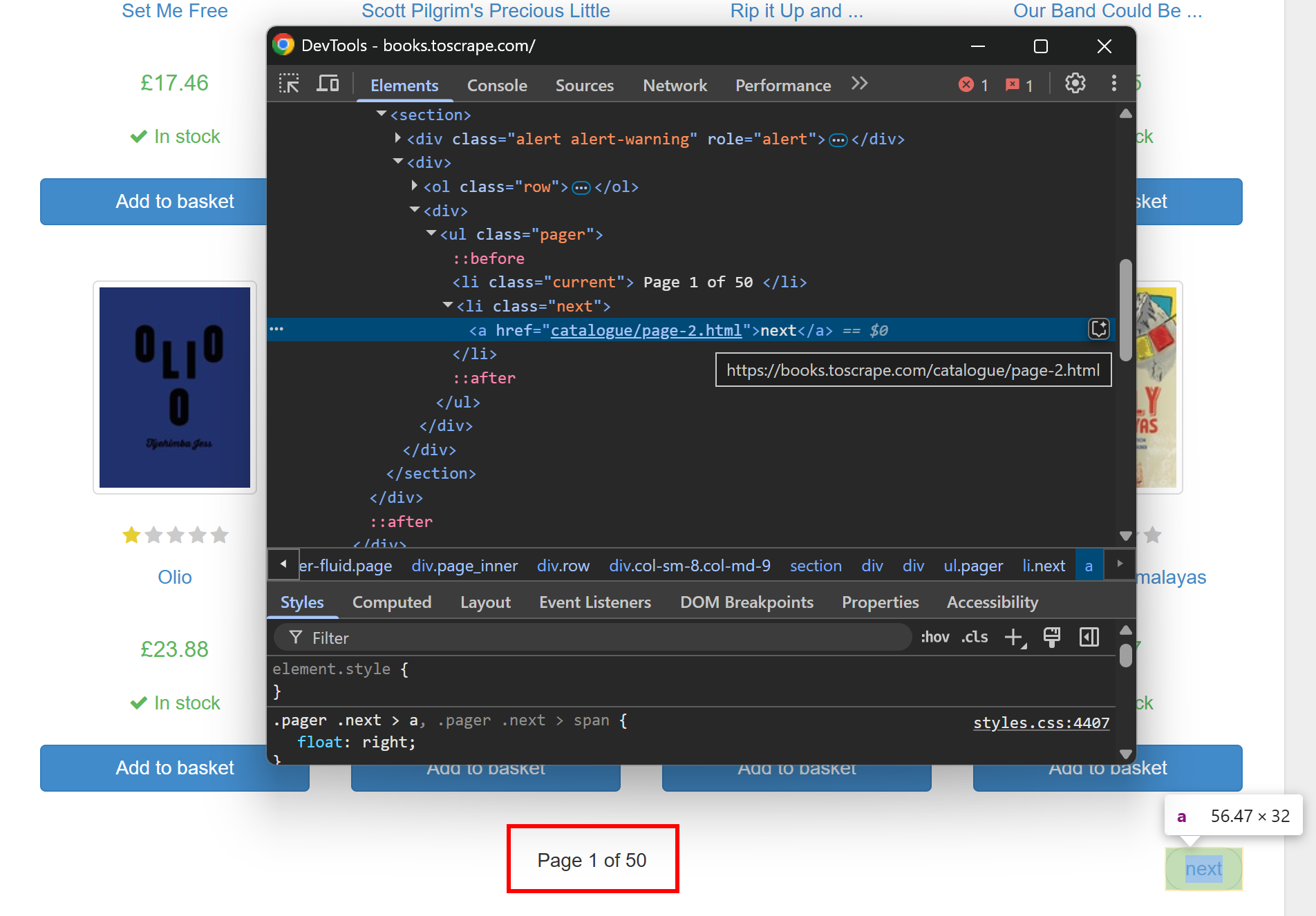 Inspecting the “next” element on the first pagination page