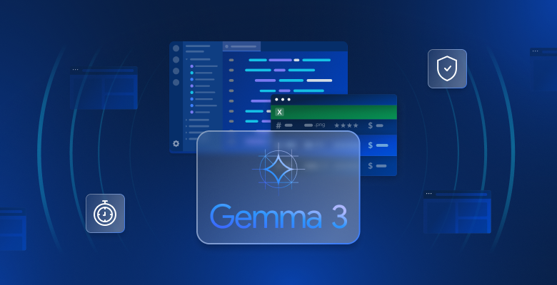 A graphic featuring the logo for 'Gemma 3' over a blue background, surrounded by abstract representations of code snippets and user interface elements, along with icons suggesting security and performance.