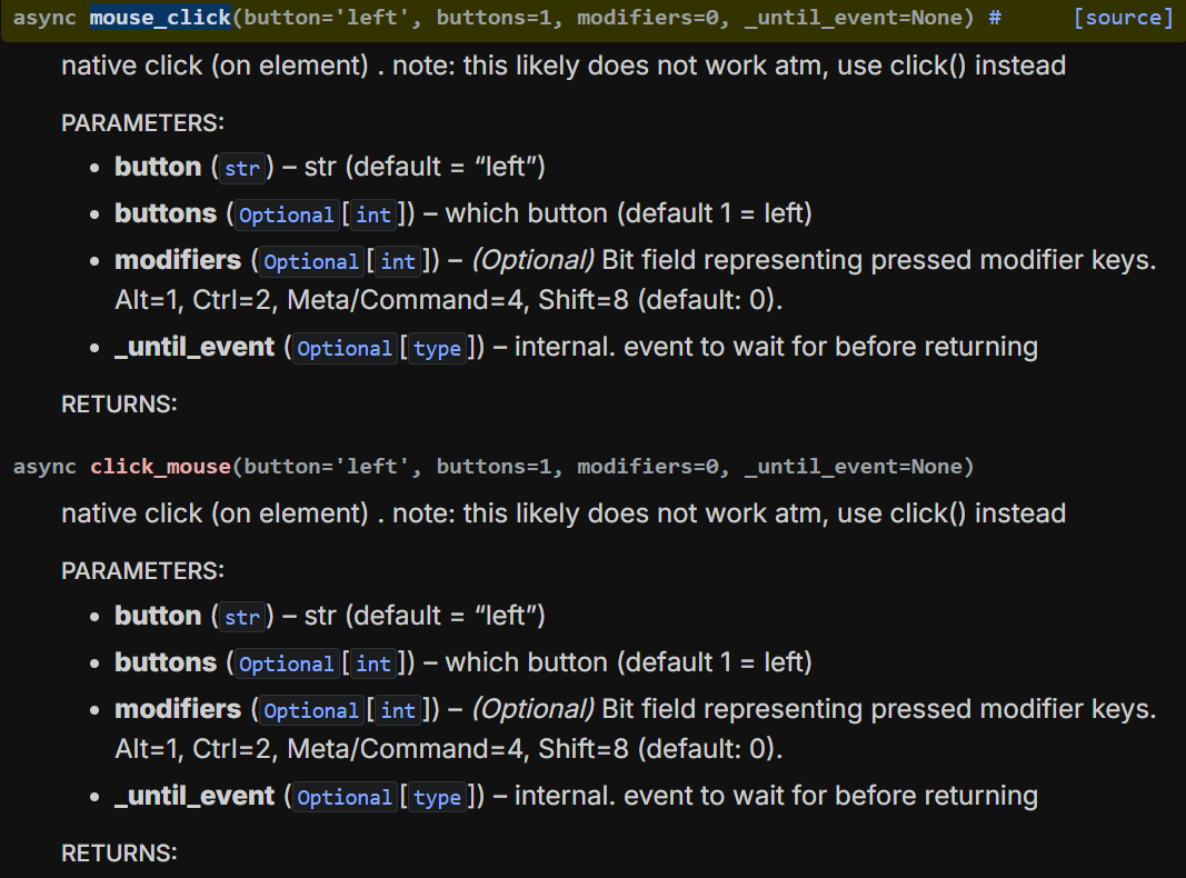 Code snippet showing the parameters and usage of async functions mouse_click and click_mouse, including details on button selection, modifier keys, and an internal event for waiting.