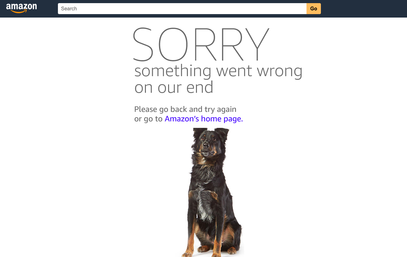 A black and brown dog sitting on a white background, displayed on a webpage showing an error message from Amazon that says 'SORRY something went wrong on our end.'