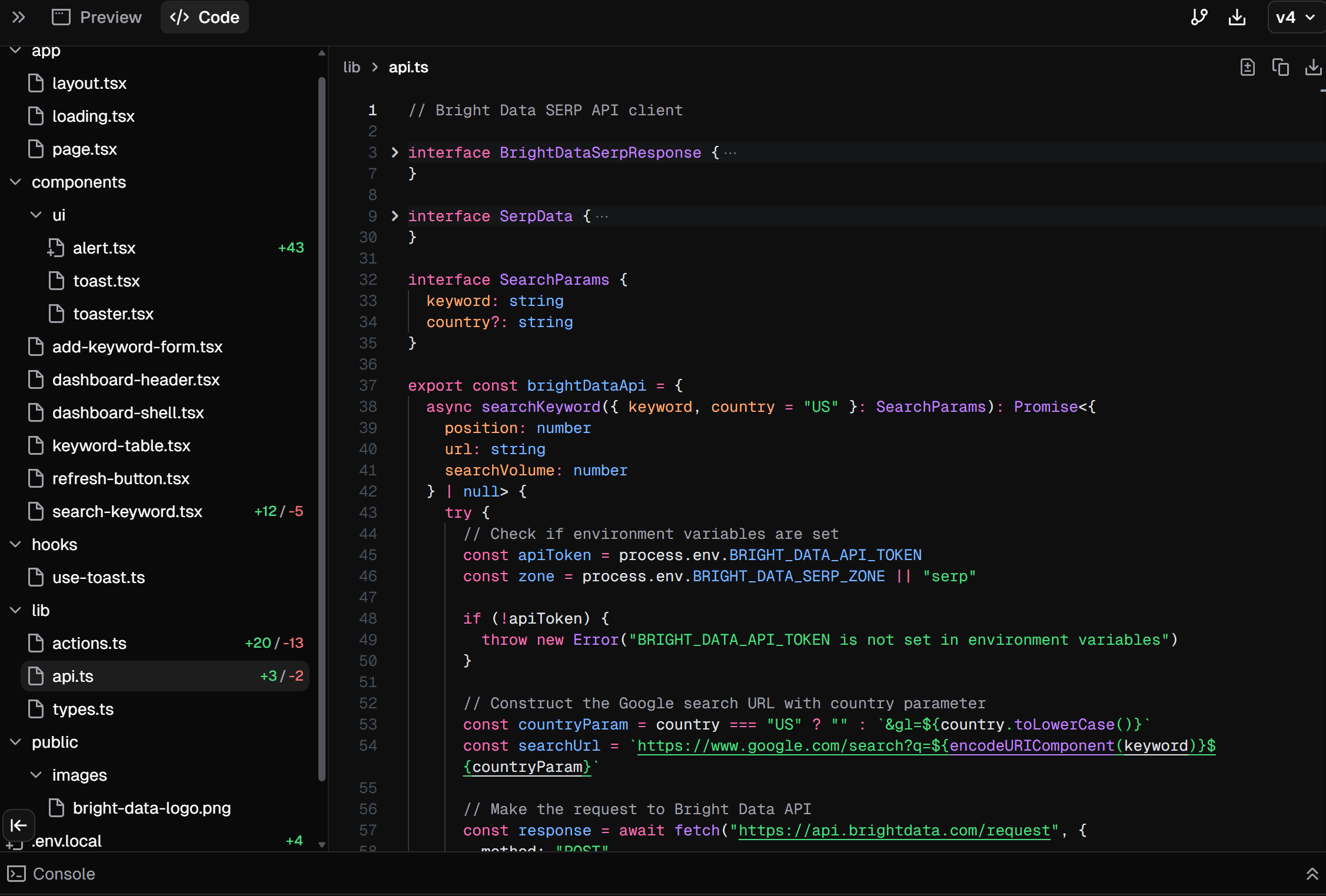 A code editor interface showing TypeScript code for a Bright Data SERP API client. The code includes interface definitions for response and search parameters, as well as an exported async function to search keywords, checking environment variables and constructing a Google search URL based on the input parameters.