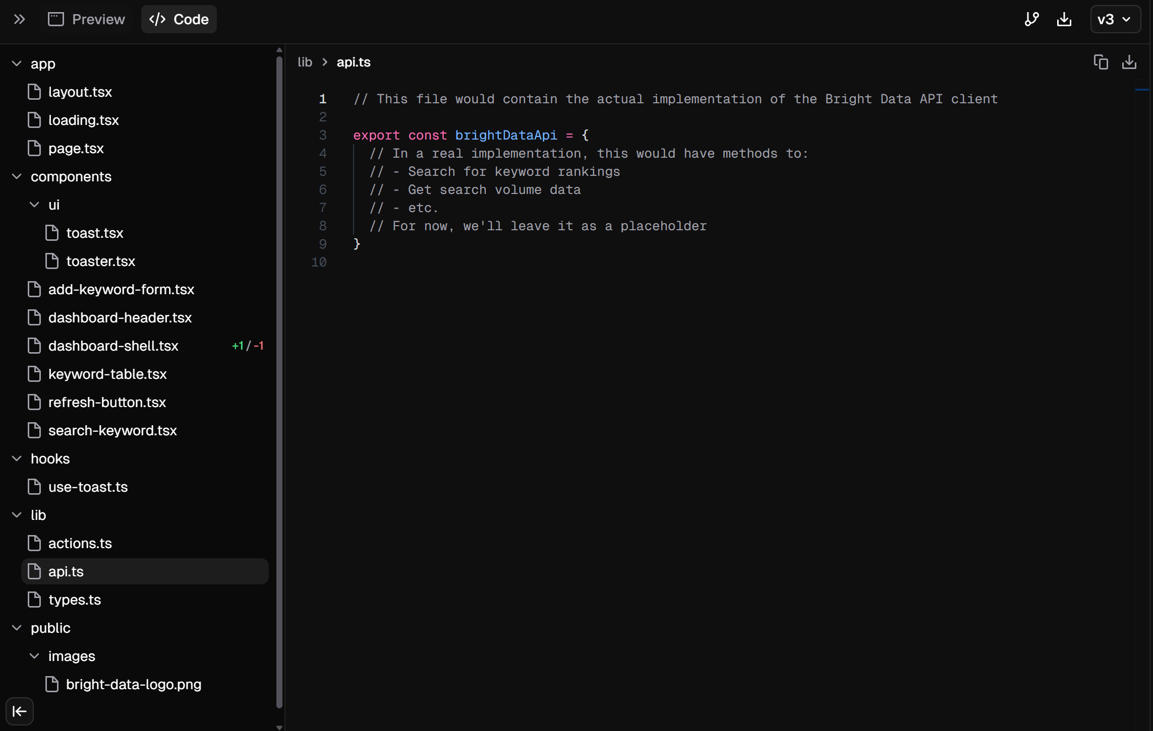 Screenshot of a code editor displaying TypeScript code for an API client implementation. The left panel shows a file structure with folders named 'app', 'components', 'hooks', and 'lib', while the right panel shows a file named 'api.ts' containing commented instructions about the Bright Data API.