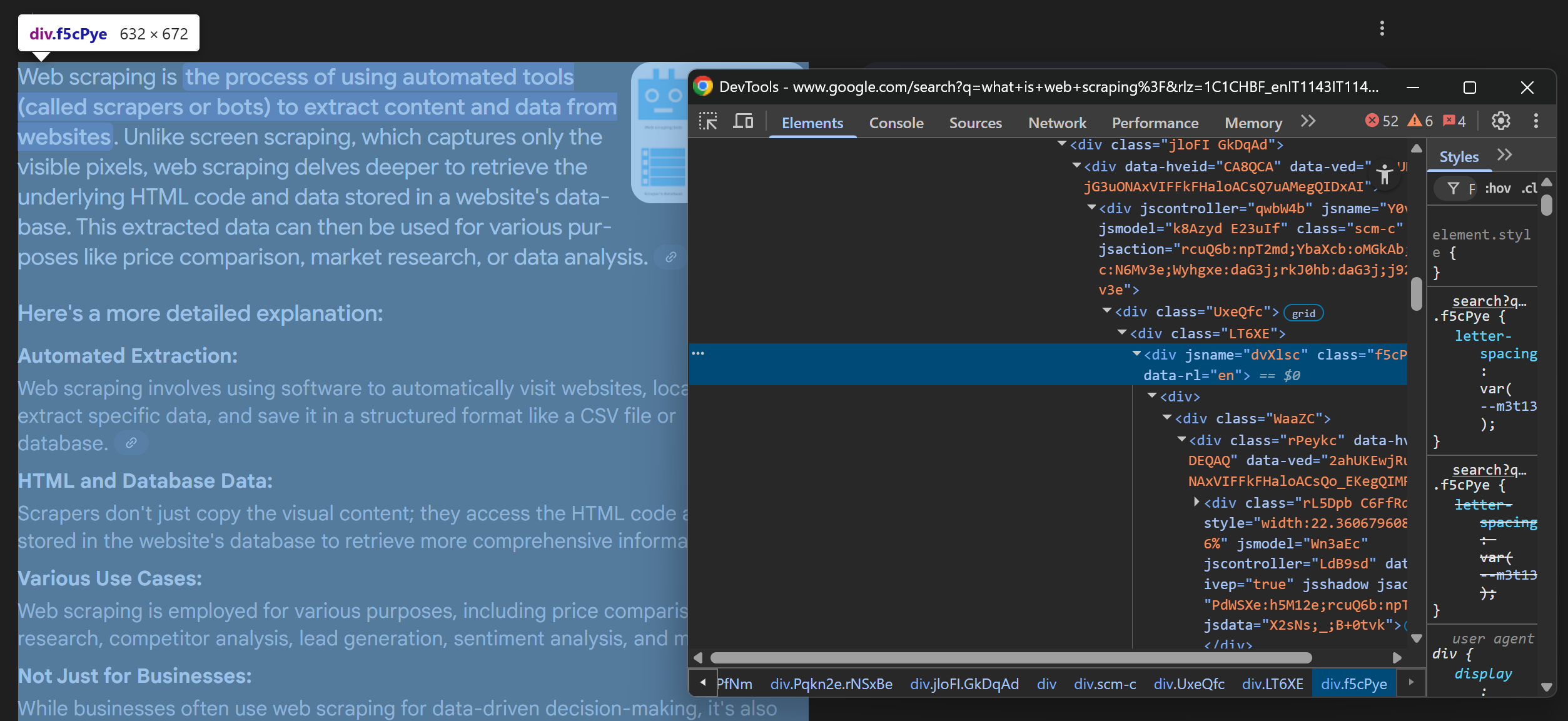 Inspecting the AI Overview content element
