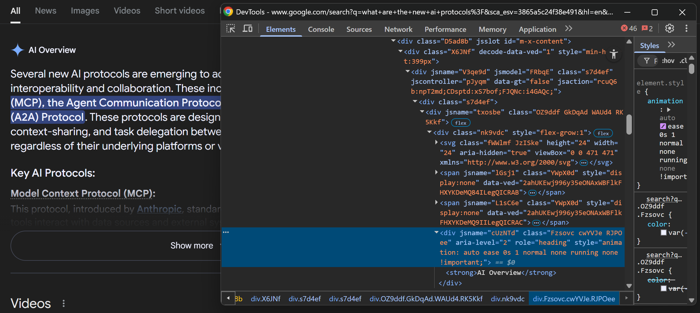 Inspecting the AI Overview title HTML element
