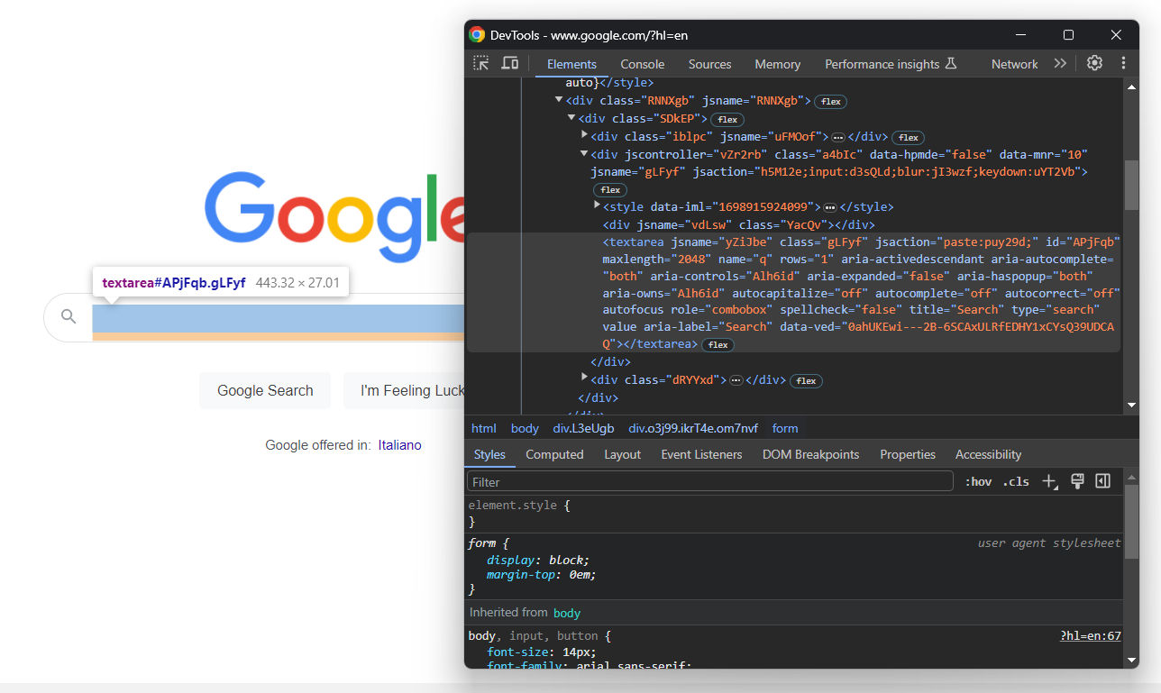 Inspecting the Google search textarea