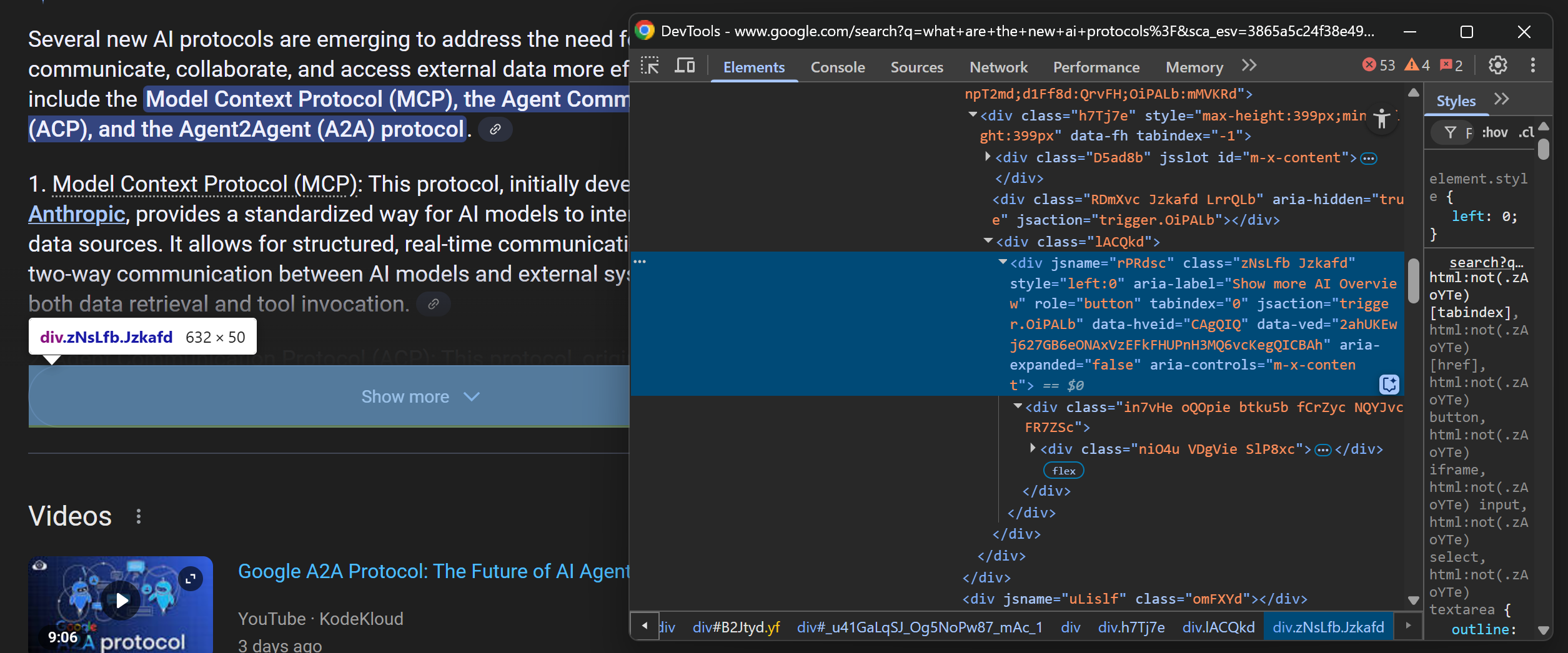 Inspecting the “Show more” button