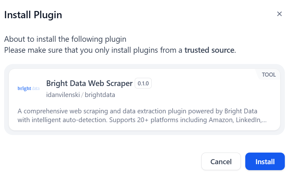 Installing the latest Bright Data’s plugin for Dify