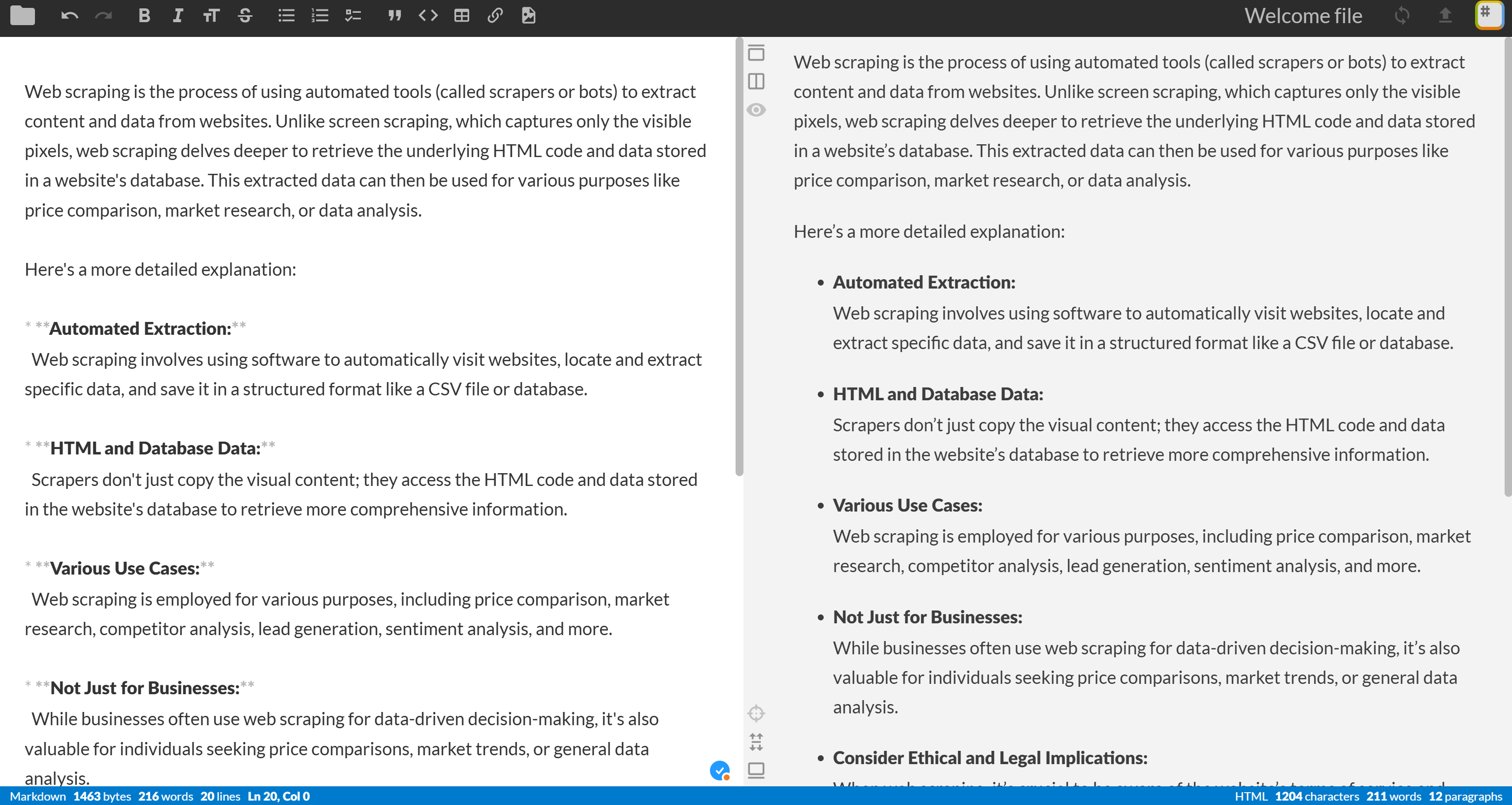 Note the Markdown representation on the right