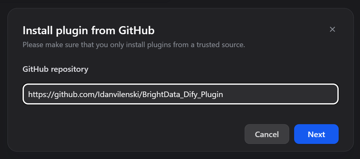 Setting the GitHub URL for the Bright Data Dify plugin
