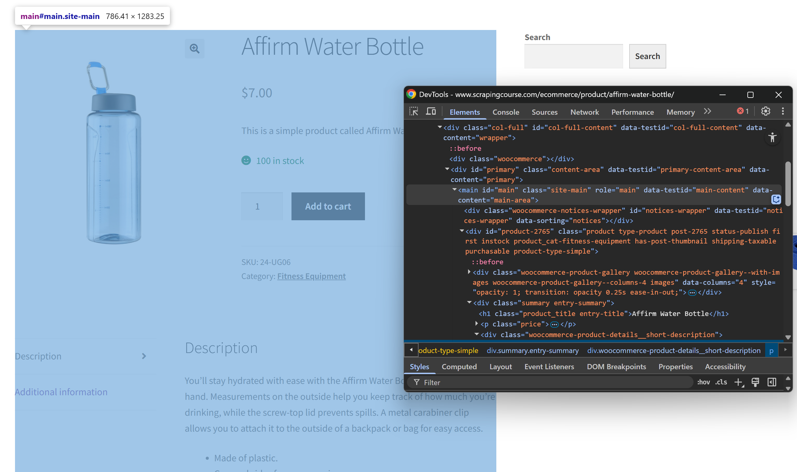 The #main HTML element with the product data