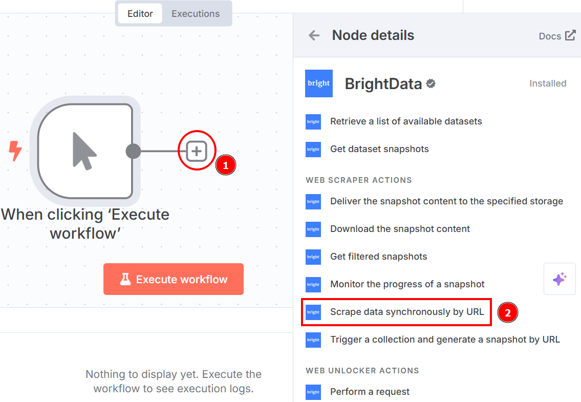 Selecting the Bright Data’s node in the n8n workflow