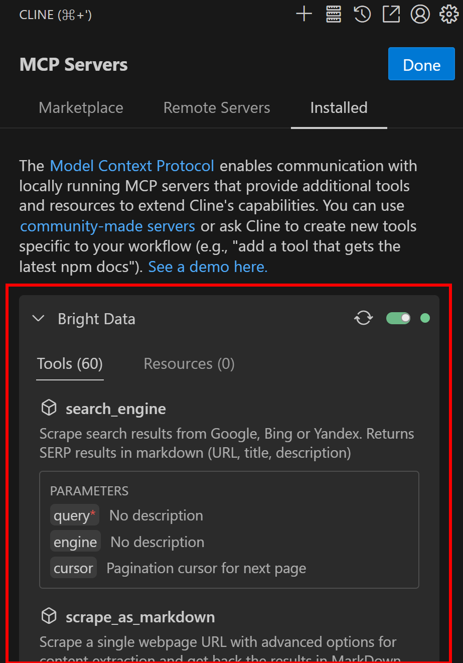 The Bright Data Web MCP server connected