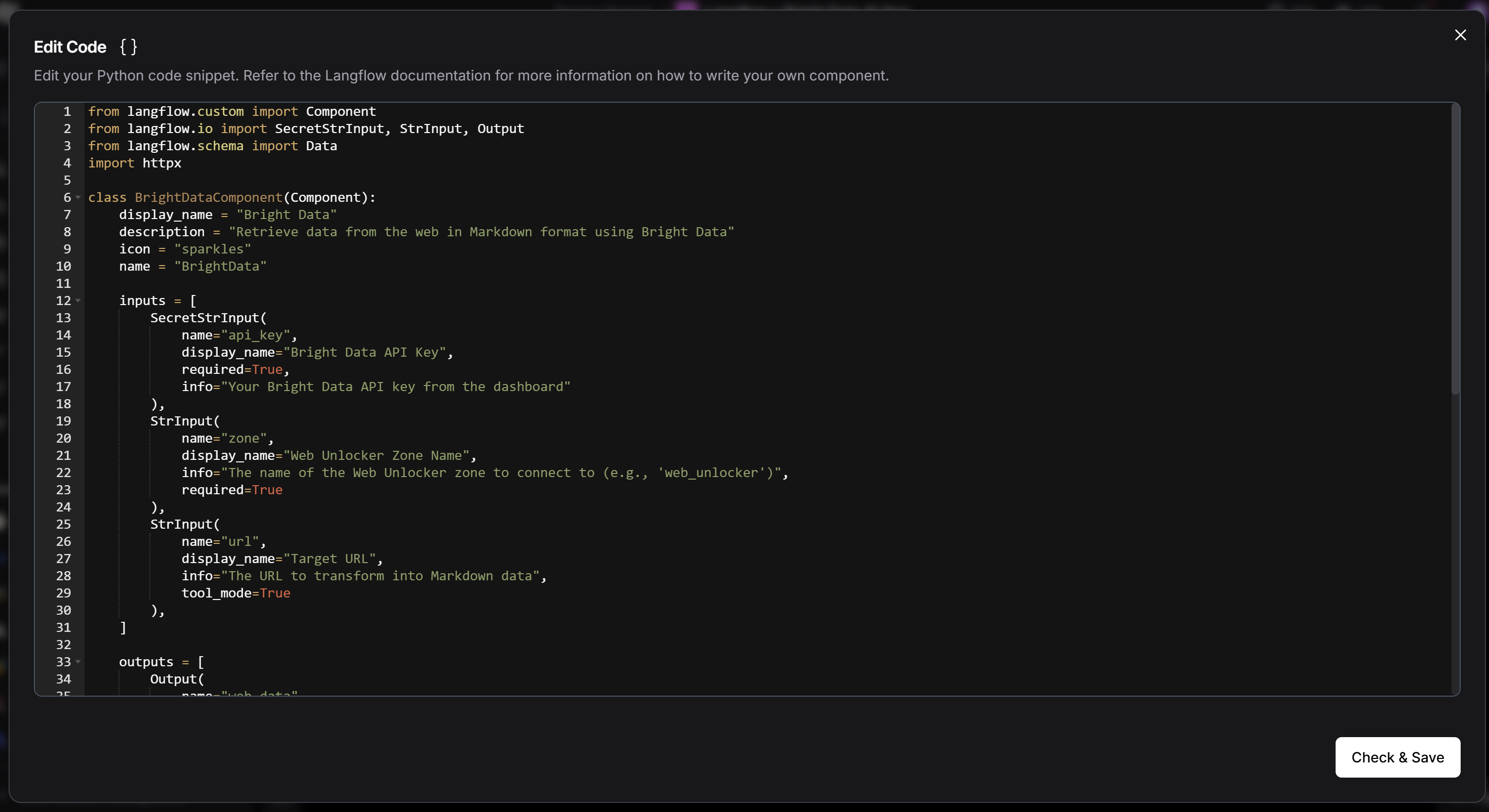 Pasting the code of the BrightDataComponent