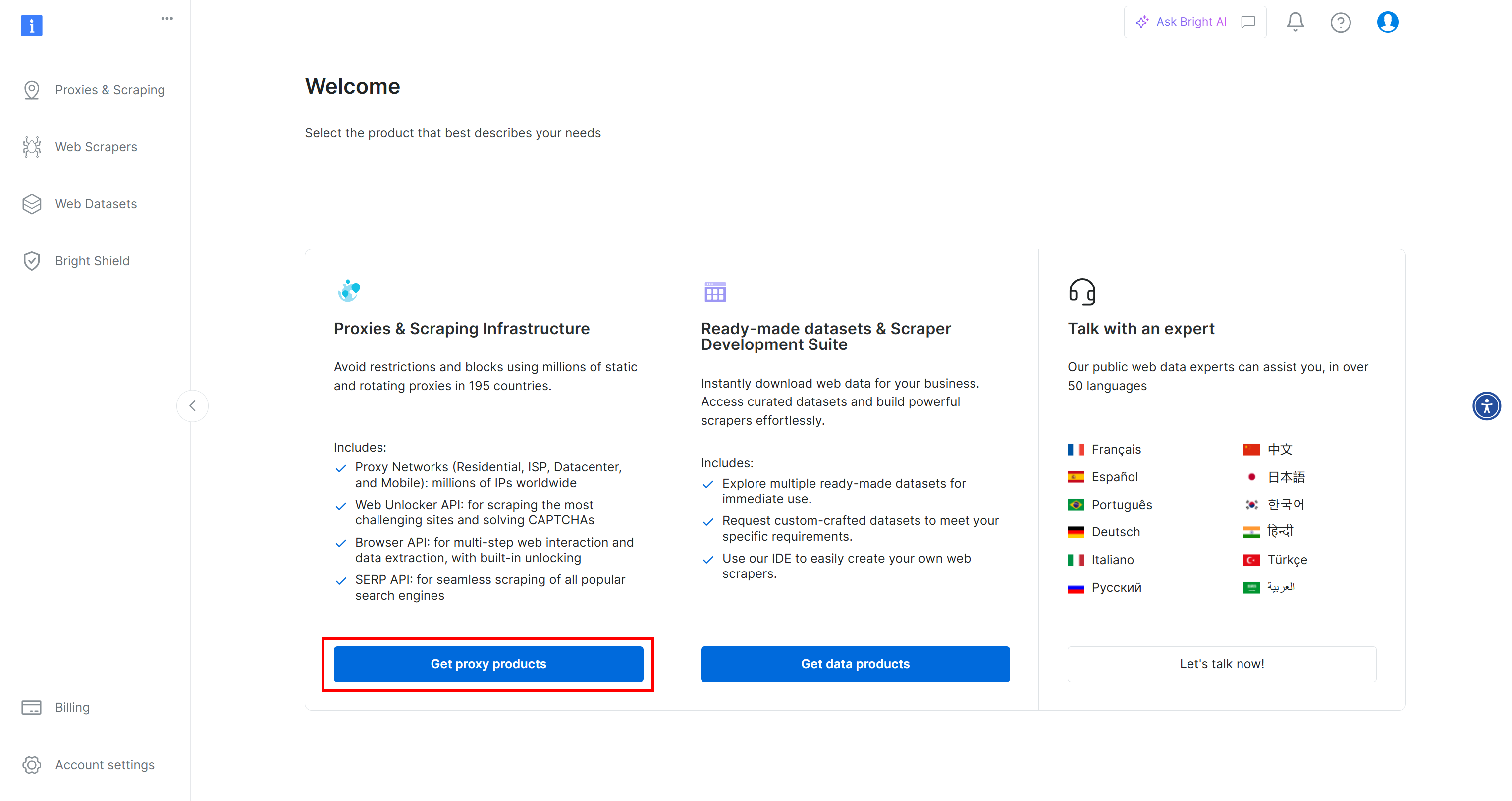 Clicking the “Get proxy products” button in your Bright Data dashboard