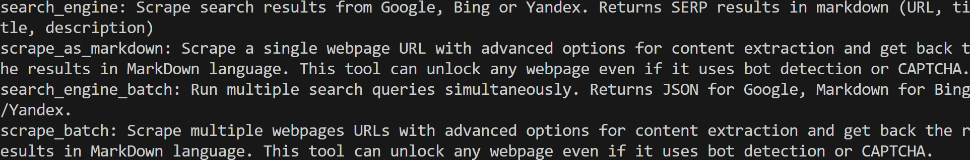 The tool list output