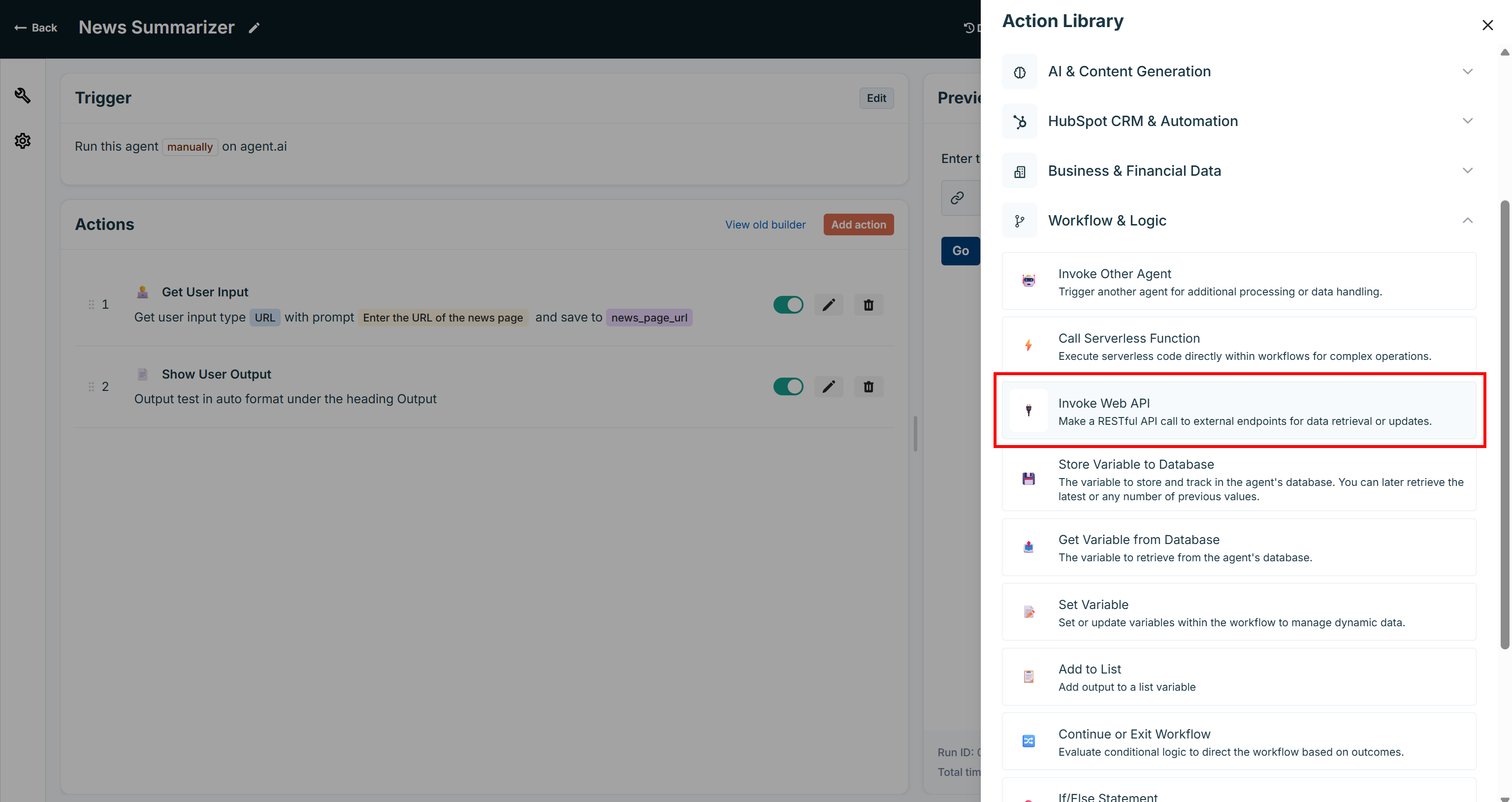 Selecting the “Ïnvoke Web API” action