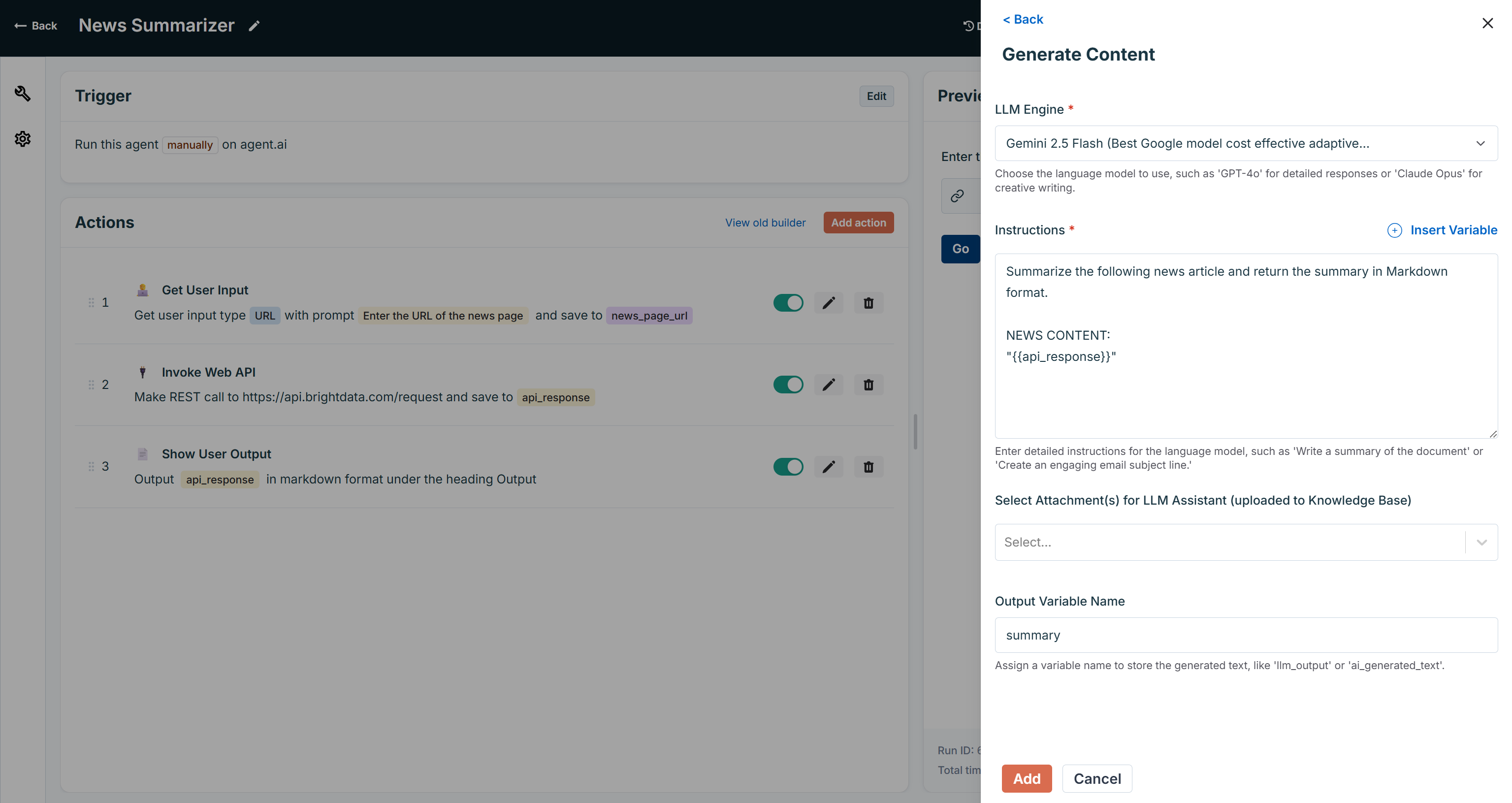 The configured “Generate Content” action