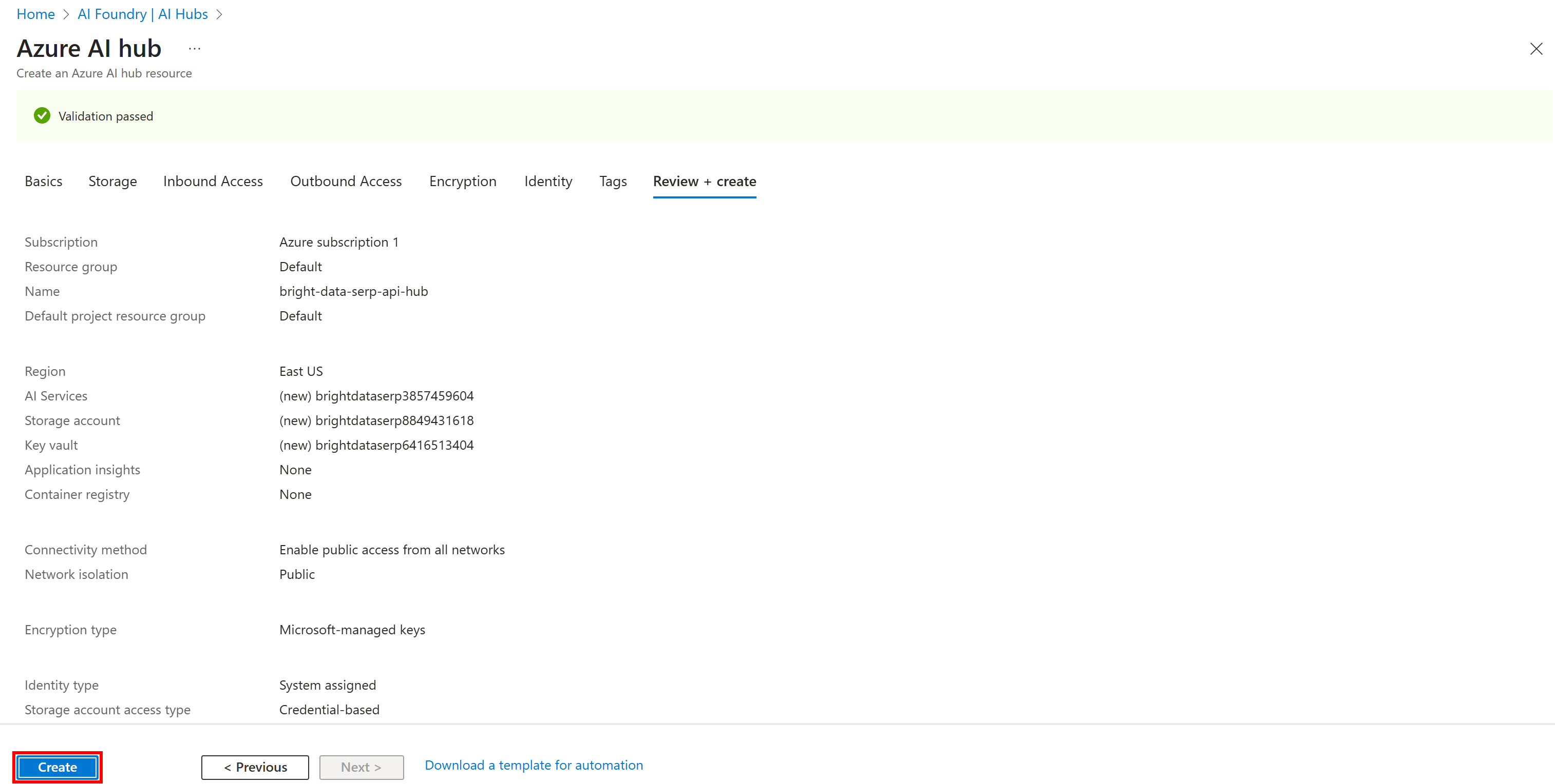 Reviewing the form info and pressing “Create”