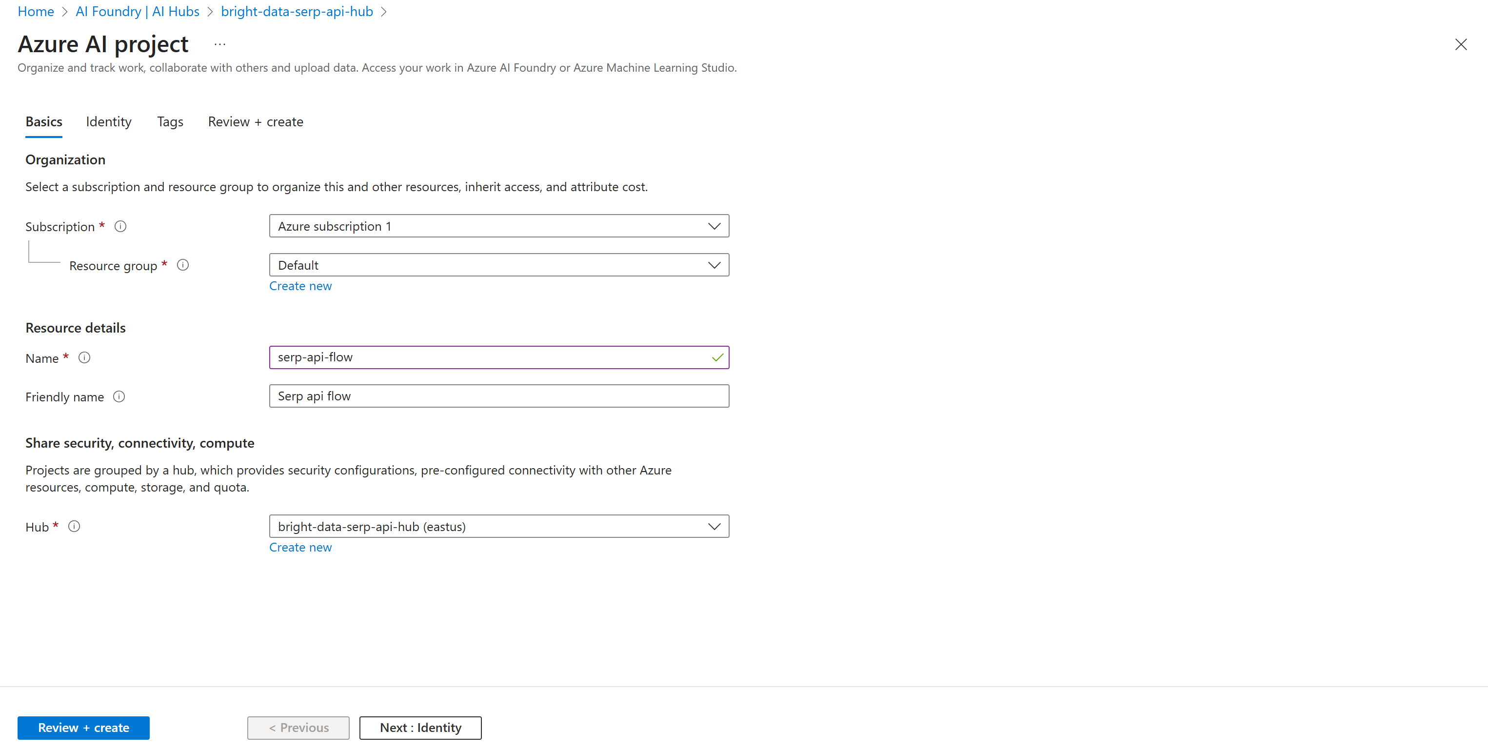 The Azure AI project creation form