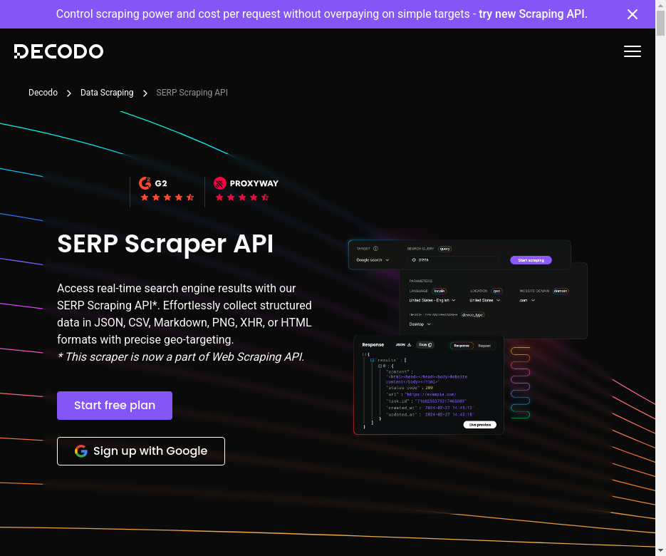 Decodo SERP 스크래퍼 API 페이지