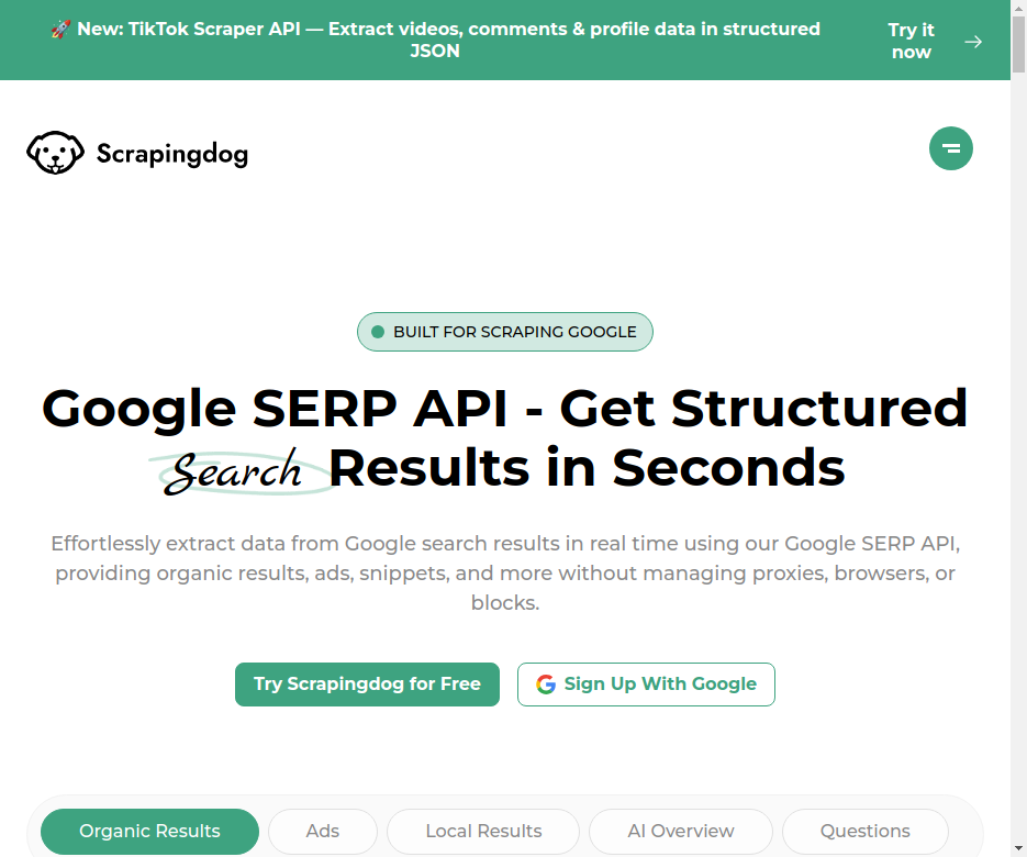 Scrapingdog Google SERP API 페이지